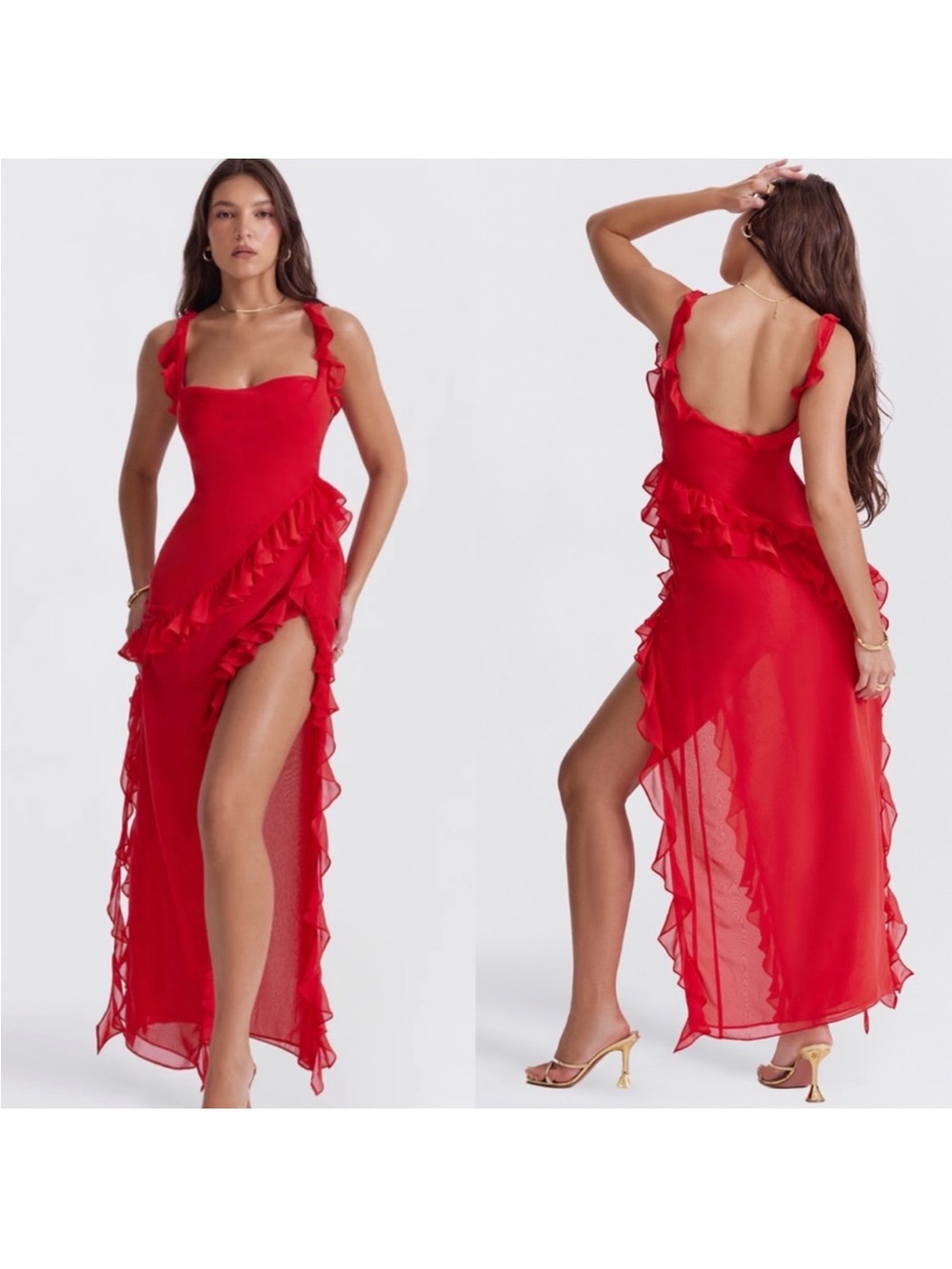 House of CB Ariela Ruffle Maxi Dress Red Rose Cherry - Picture 3 of 10